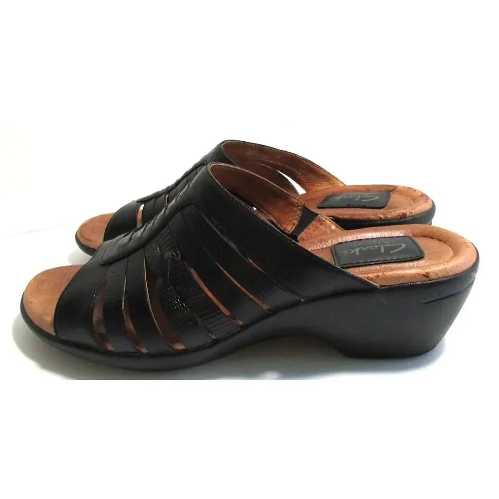 Clarks Artisan Women's Black Leather Slide Sandals #83443 Size 7.5M